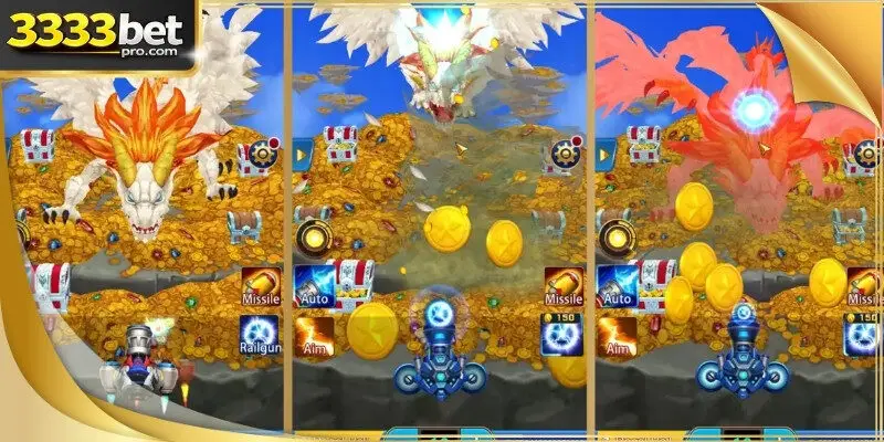A massive golden dragon weaving through a sea of treasures